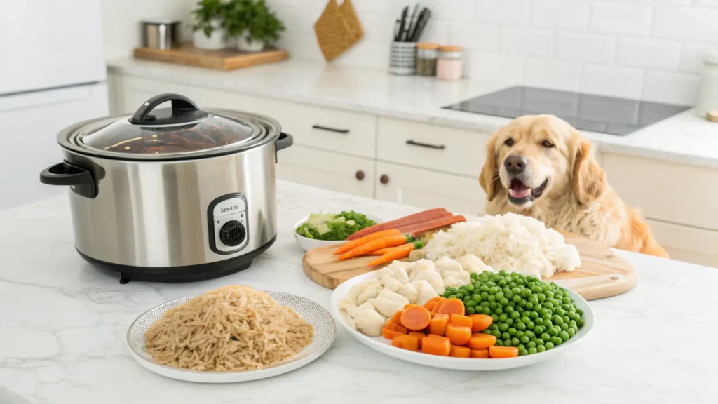 Homemade pressure cooker dog food with chicken, rice, and vegetables in a stainless-steel Instant Pot