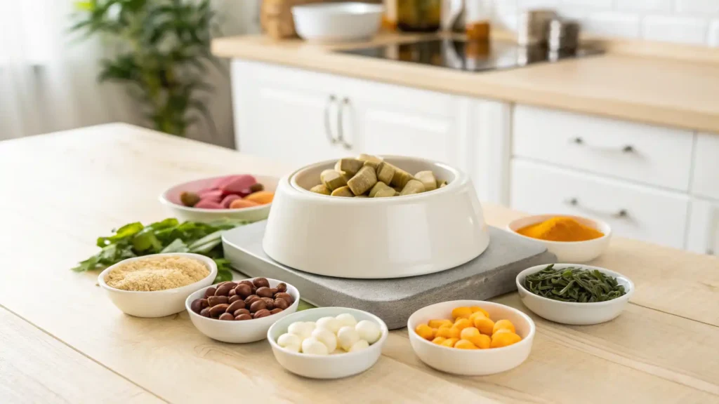 Assorted supplements for homemade dog diets next to a fresh dog food bowl