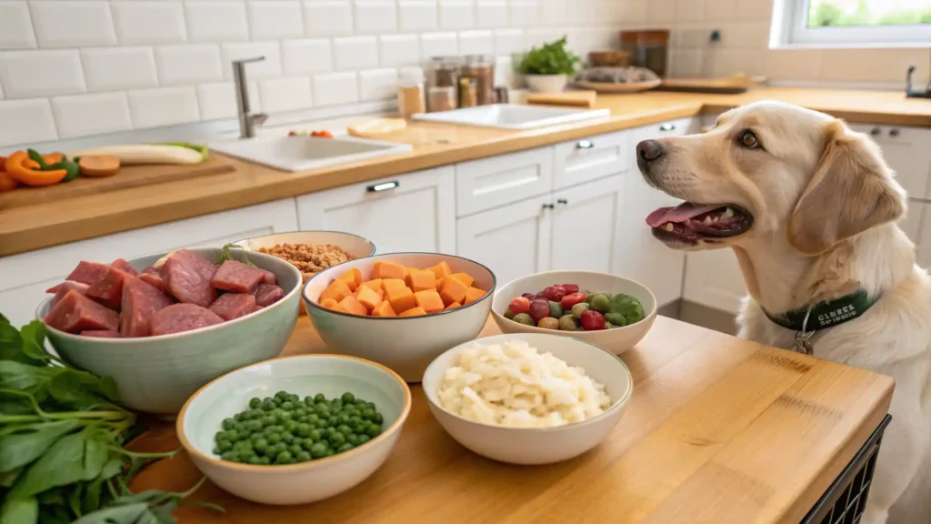 Fresh ingredients for a balanced homemade dog food meal
