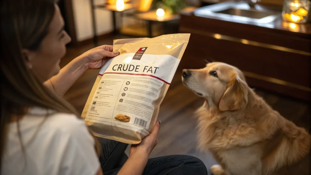 Woman reading dog food label showing crude fat percentage