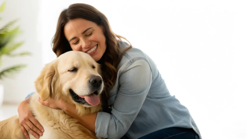Caring owner feeding a malnourished dog a healthy meal