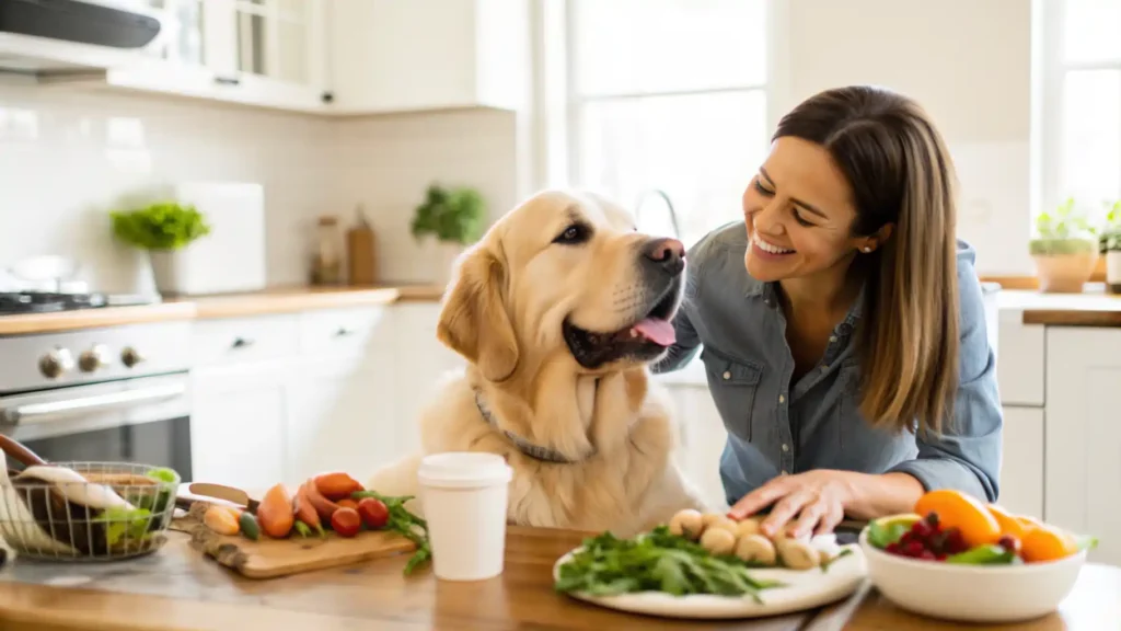 Dog owner preparing homemade food with common mistakes highlighted