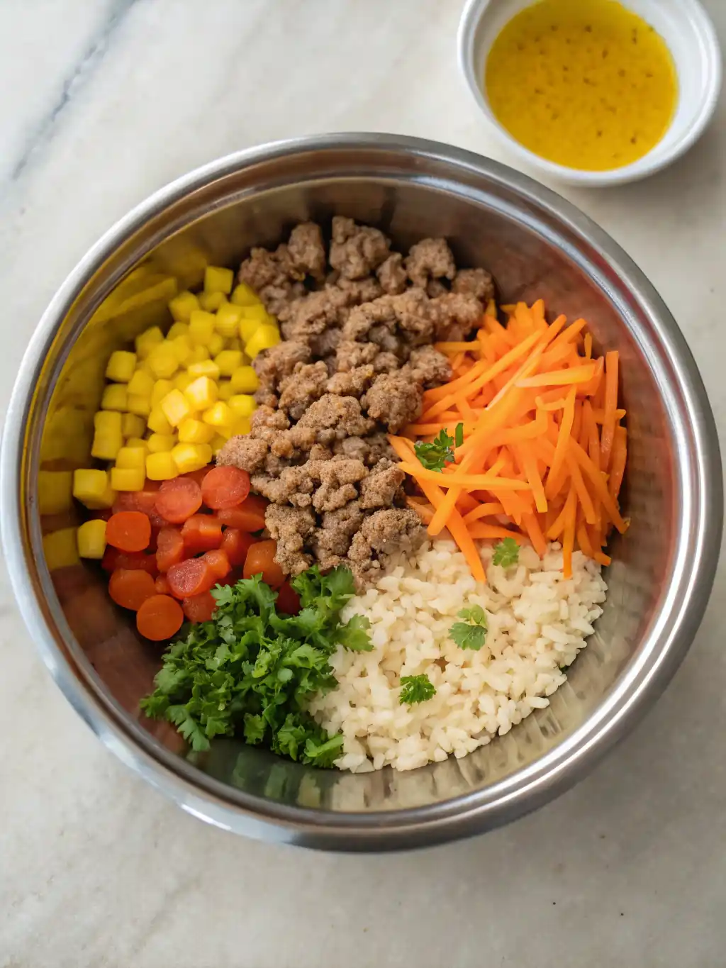 Bowl of turkey, rice, carrots, and fish oil for dogs