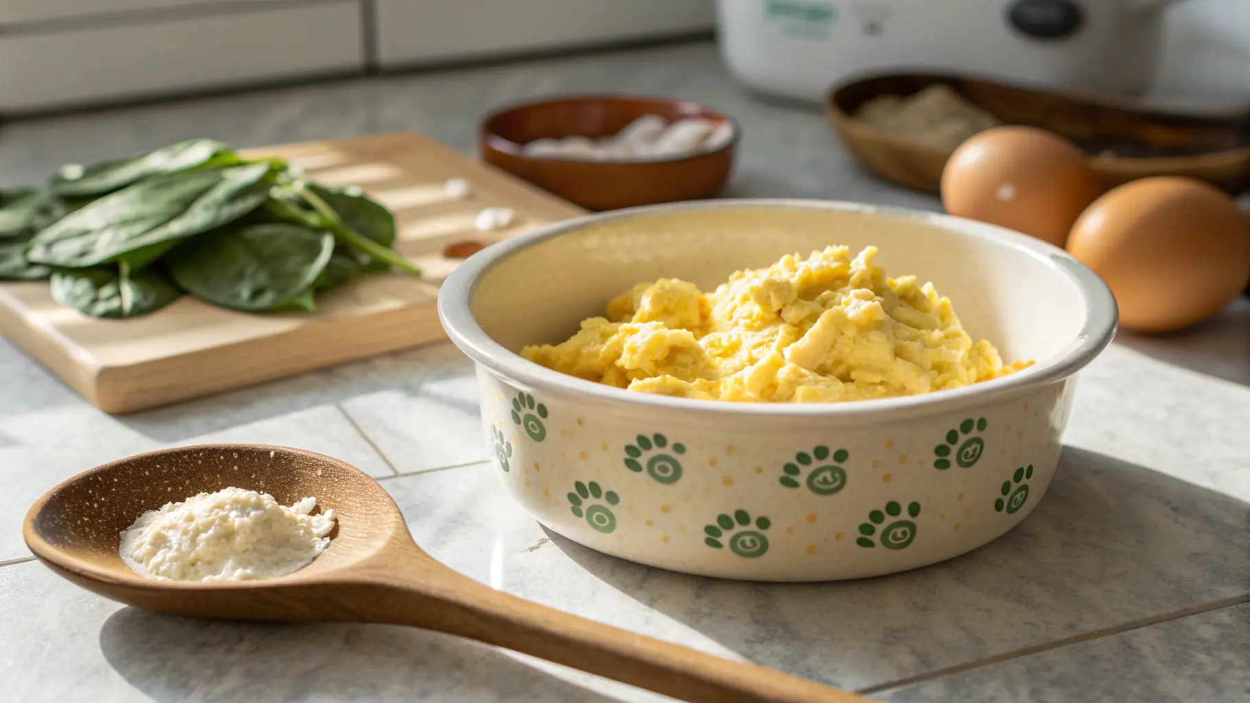 Gently cooked scrambled eggs in a dog bowl with natural lighting