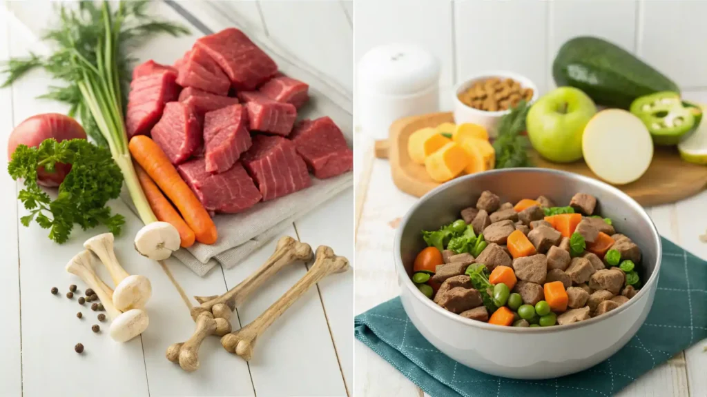 Side-by-side comparison of raw and cooked homemade dog food