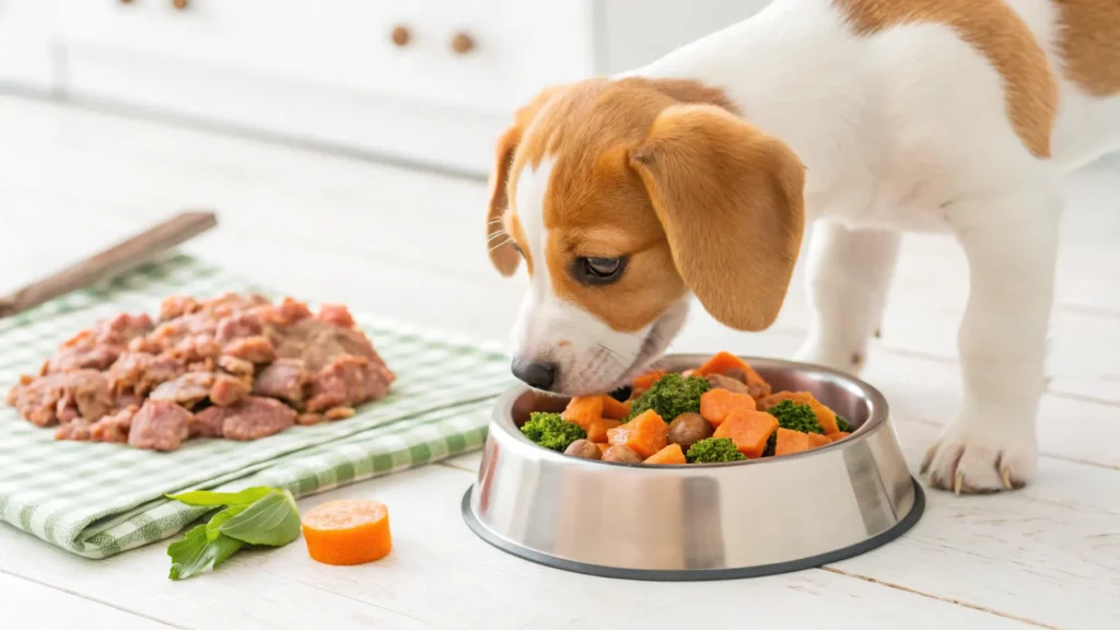 Puppy eating a bowl of raw meat mixed with vegetables