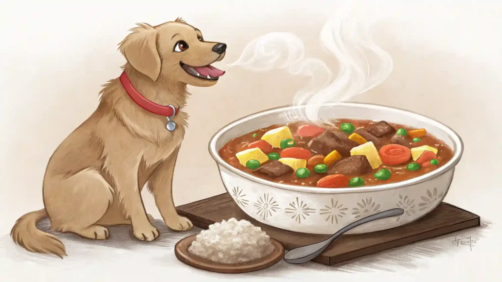 Dog with a bowl of low-fat beef stew for weight control