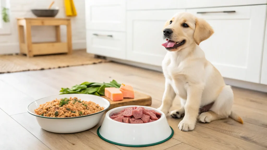 Labrador puppy eating a balanced raw food meal for large breed growth