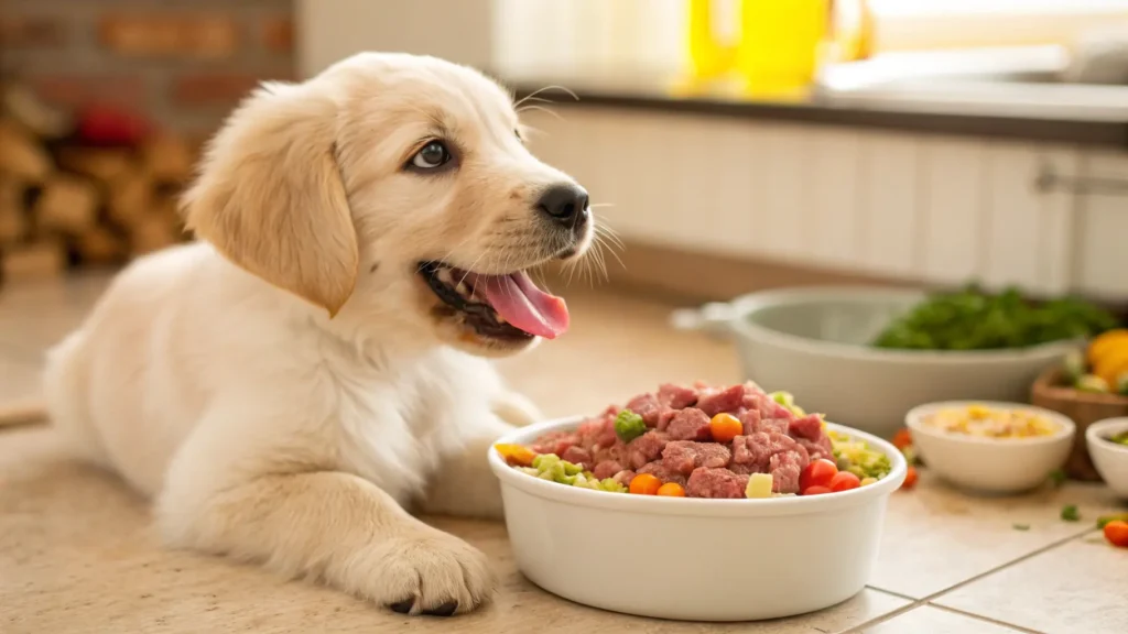 Puppy eating a vet-approved raw dog food meal from a bowl
