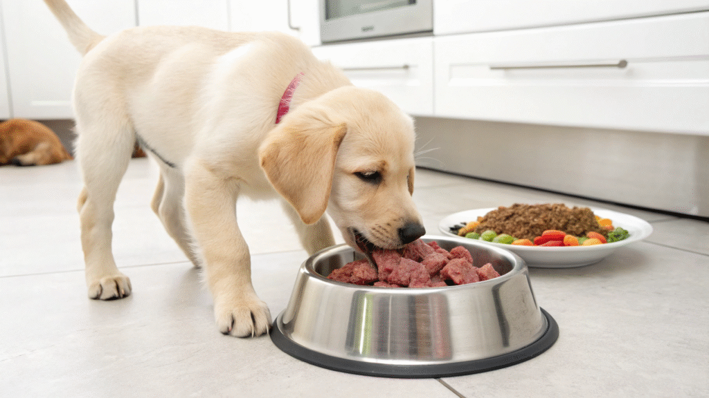 Puppy eating a balanced raw meal with ground meat and vegetables