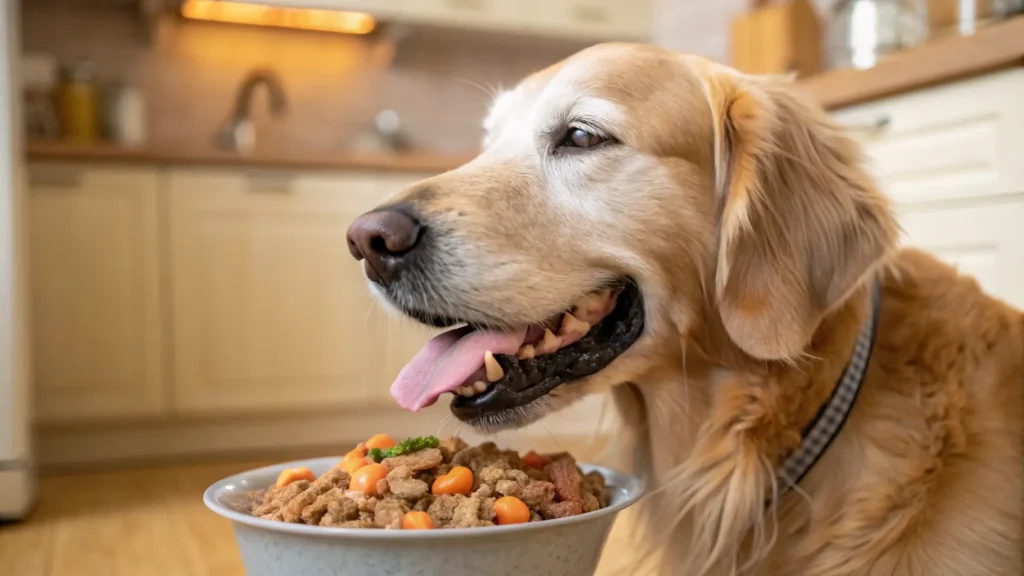 Senior toothless dog enjoying soft homemade dog food in a shallow bowl