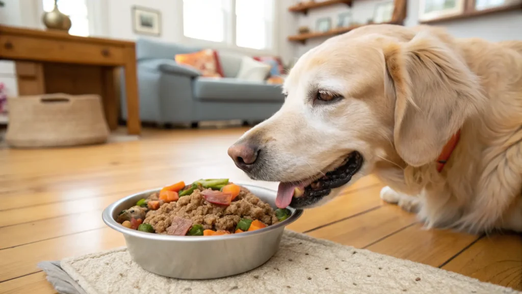 Toothless senior dog eating soft homemade food from a bowl