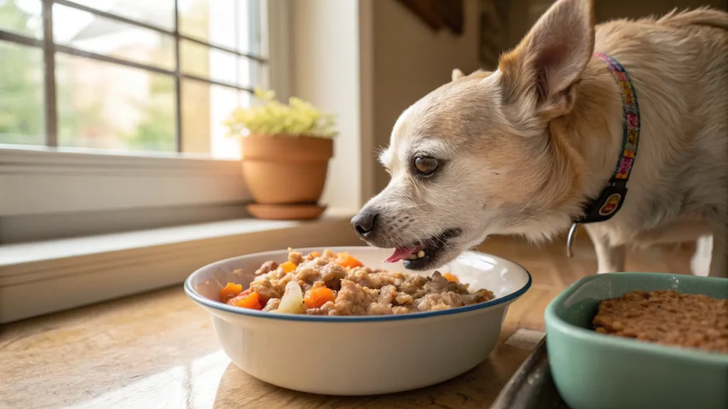 Senior toothless dog eating a bowl of soft homemade food
