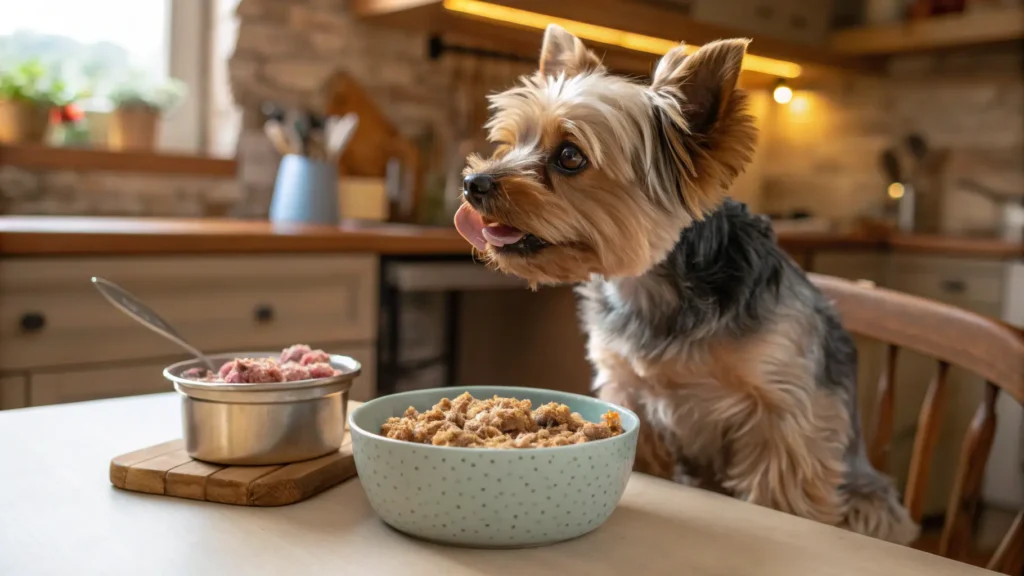 Toothless Yorkie eating soft homemade dog food from a shallow bowl