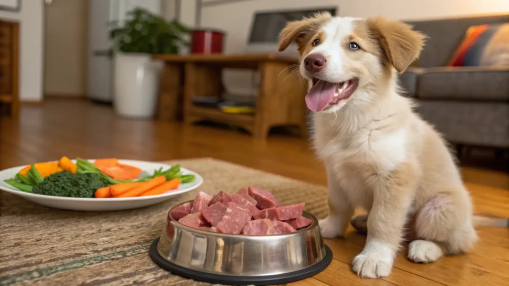 Puppy eating a bowl of balanced raw dog food with meat and vegetables