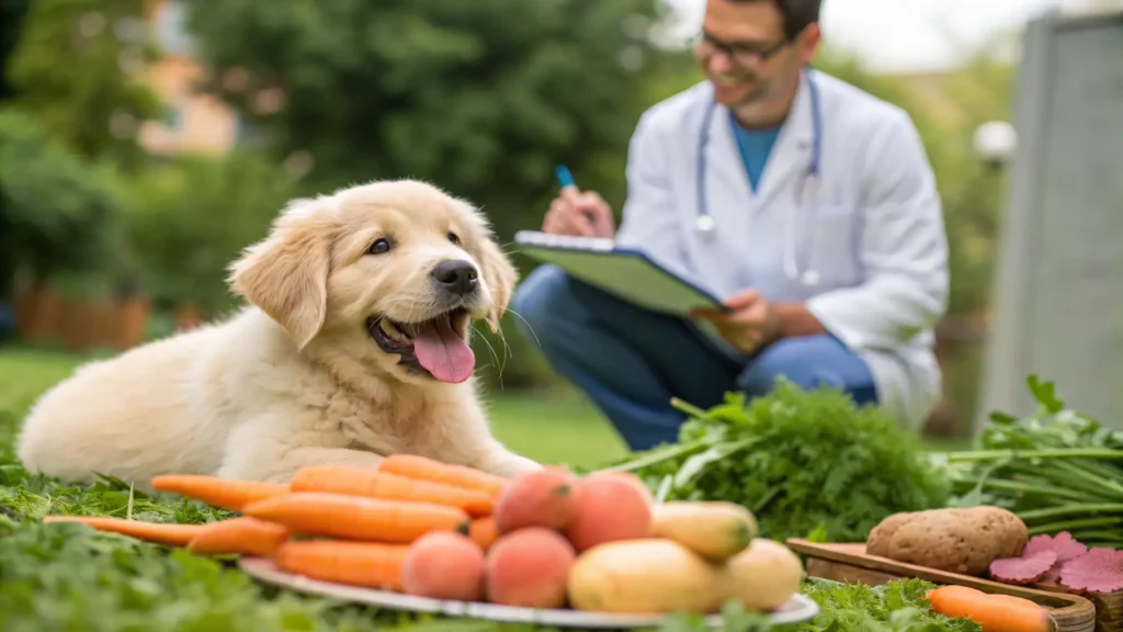 Puppy eating a balanced raw diet meal with meat and vegetables